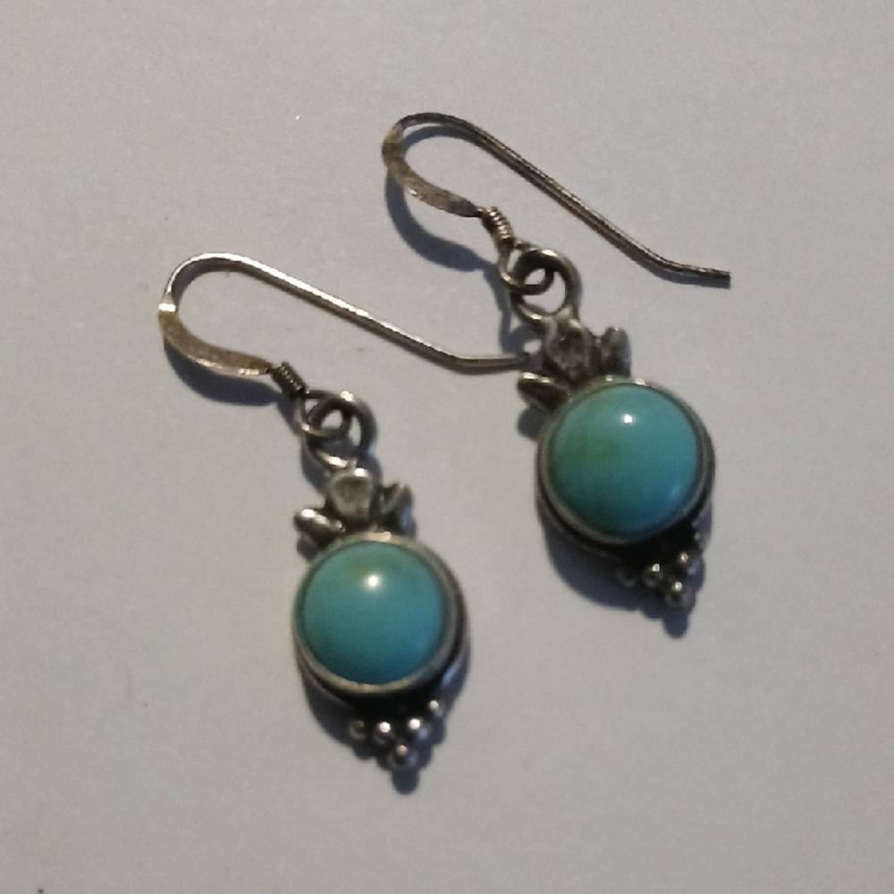 Sterling Silver Turquoise Drop Earrings - Blue Green